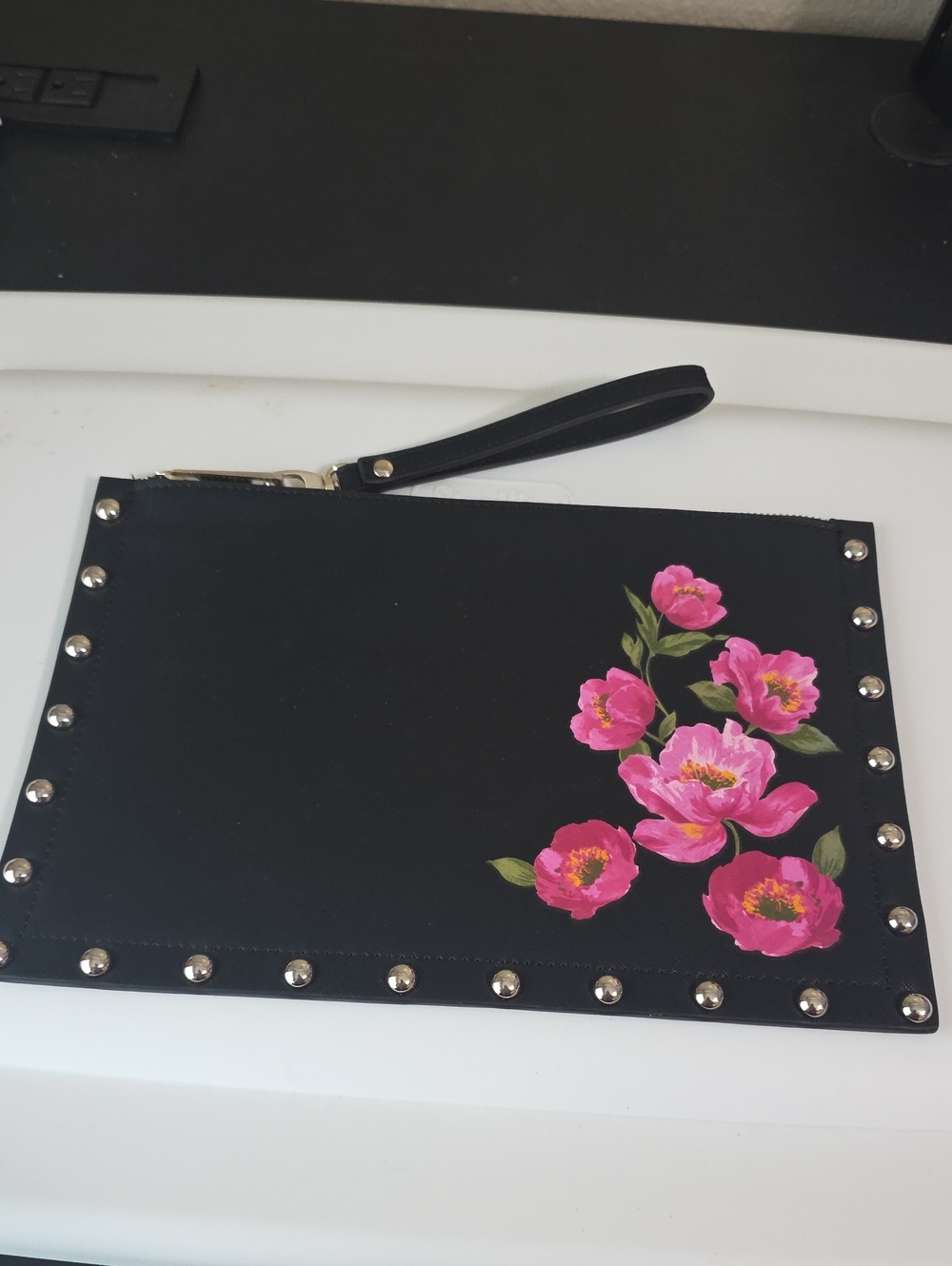 White House Black Market Pink Floral Art Studded Pouch Clutch Wristlet EUC